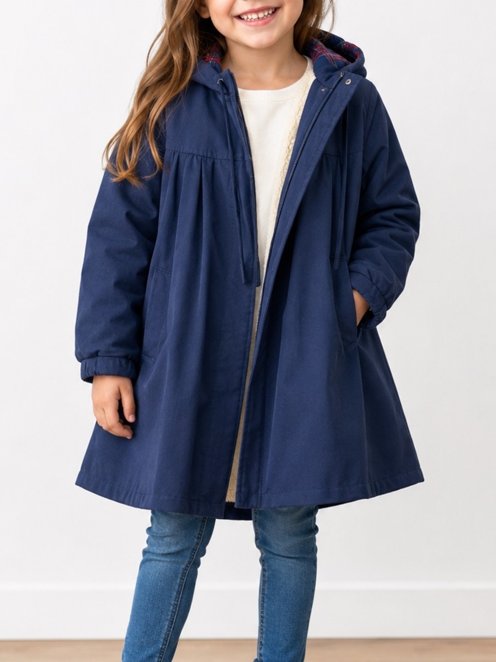 London Fog Girl's 6X Vintage Blue Plaid Hood Cape Style Lined Pea Coat